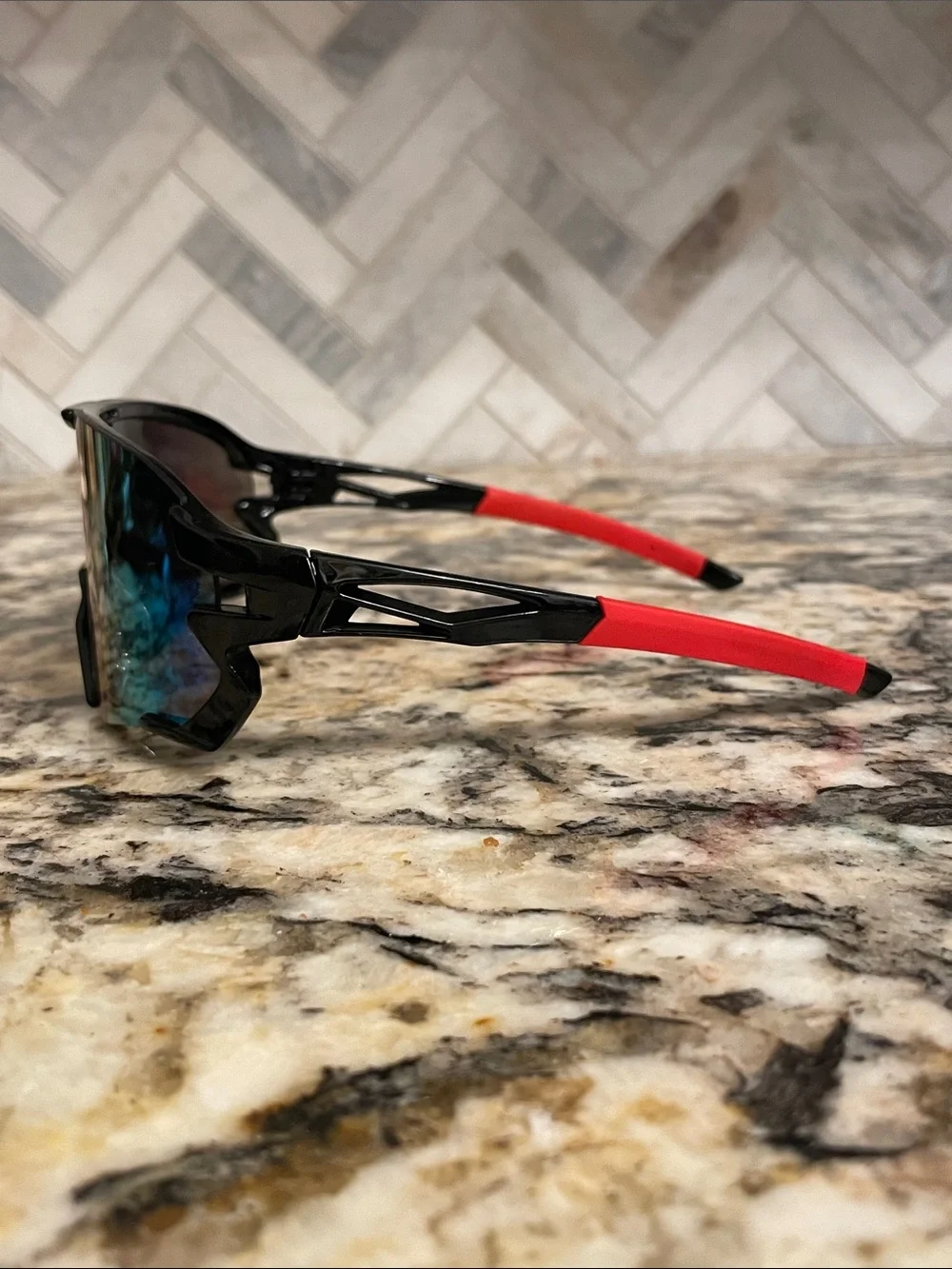Sport Shield Sunglasses - Black Frame with Mirrored Green-Blue Lens